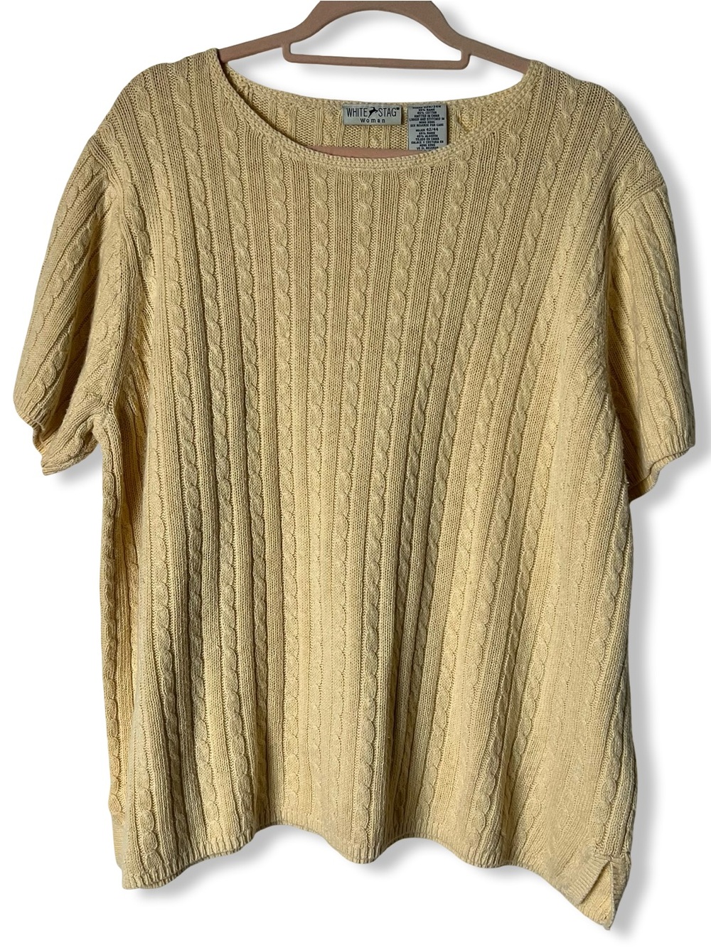 White Stag VTG 100% Cotton Buttercream Cable Knit Short Sleeve Sweater Plus 22W